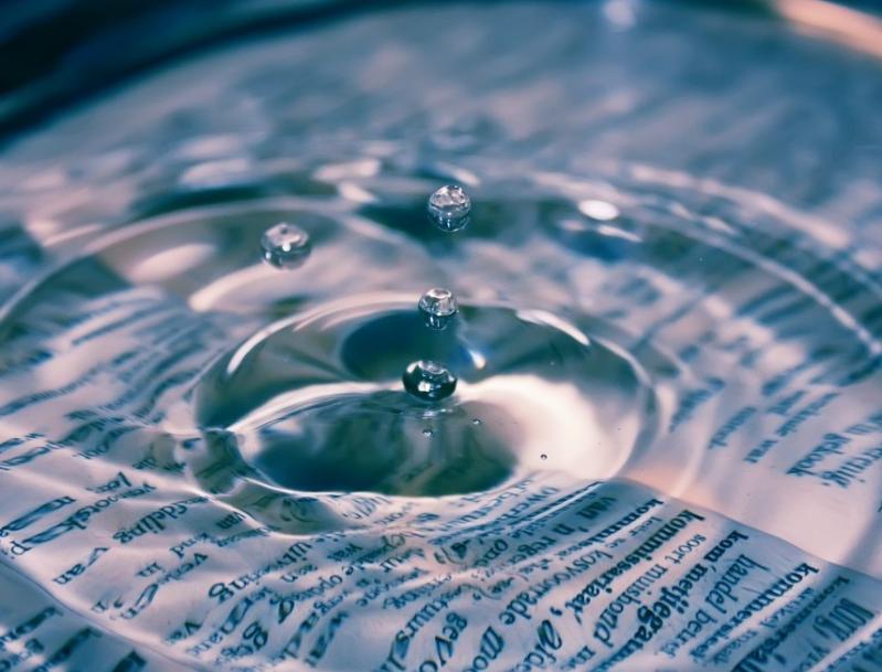 Drip in water above printed text